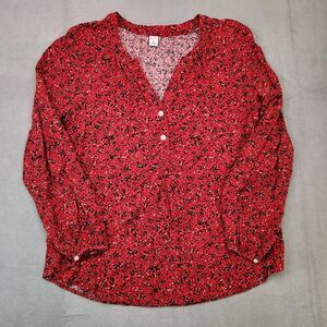Old Navy Blouse Women's M Red Abstract Speckled Button Front Long Sleeve